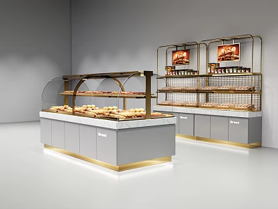 Supermarket Bakery Section Modern Display Case With Fresh Pastries And Gold White Shelves 3d model