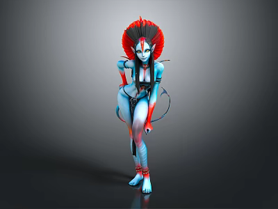 3D Fantasy Character Design With Blue Skin Red Headdress And Decorative Outfit 3d model