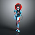 3D Fantasy Character Design With Blue Skin Red Headdress And Decorative Outfit