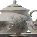 White Ceramic Tea Set With Gray Floral Pattern And Gold Trim Teapot Cups Saucers