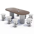 Oval Wooden Dining Table Set With Grey Textured Legs And White Stools 3d model