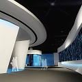 Modern Exhibition Hall Design With Curved Structure Blue Screens Data Lines And Lit Floor