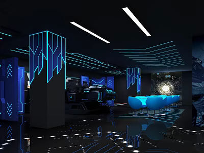 Futuristic Playground Interior With Blue Black Glowing Lines Blue Chairs And Control Consoles 3d model