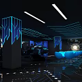 Futuristic Playground Interior With Blue Black Glowing Lines Blue Chairs And Control Consoles