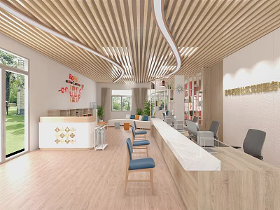 Modern Community Reception Area With Wooden Ceiling White Counter Blue Chairs And Lawn View Windows 3d model