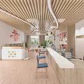 Modern Community Reception Area With Wooden Ceiling White Counter Blue Chairs And Lawn View Windows
