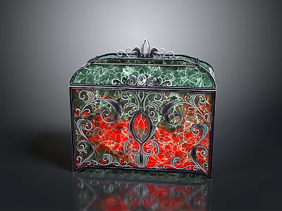 Decorative Box With Green Top Red Sides Intricate Patterns And Metal Accents 3d model