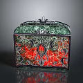 Decorative Box With Green Top Red Sides Intricate Patterns And Metal Accents
