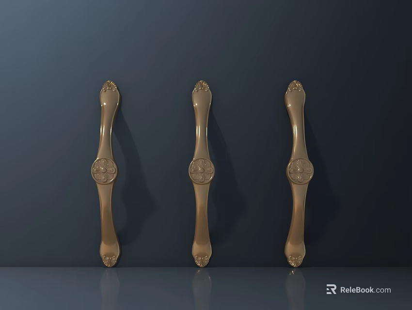Three Golden Decorative Brass Door Handles On Dark Wall With Ornate Design 3d model 