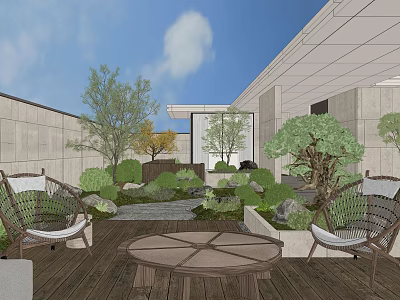 Karesansui Courtyard With Stone Arrangement Green Plants Wooden Deck And Outdoor Furniture 3d model