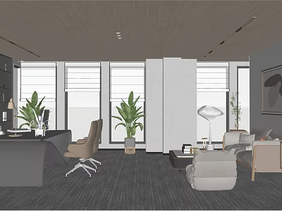 Modern Office Interior With Large Windows Green Plants Desk And Sofa Area 3d model