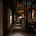 Traditional Chinese Hotpot Restaurant Interior With Lantern Lights Wooden Tables And Condiment Bar