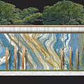 Textured Landscape Feature Wall With Blue Gold Brown Wave Design Green Grass And Trees