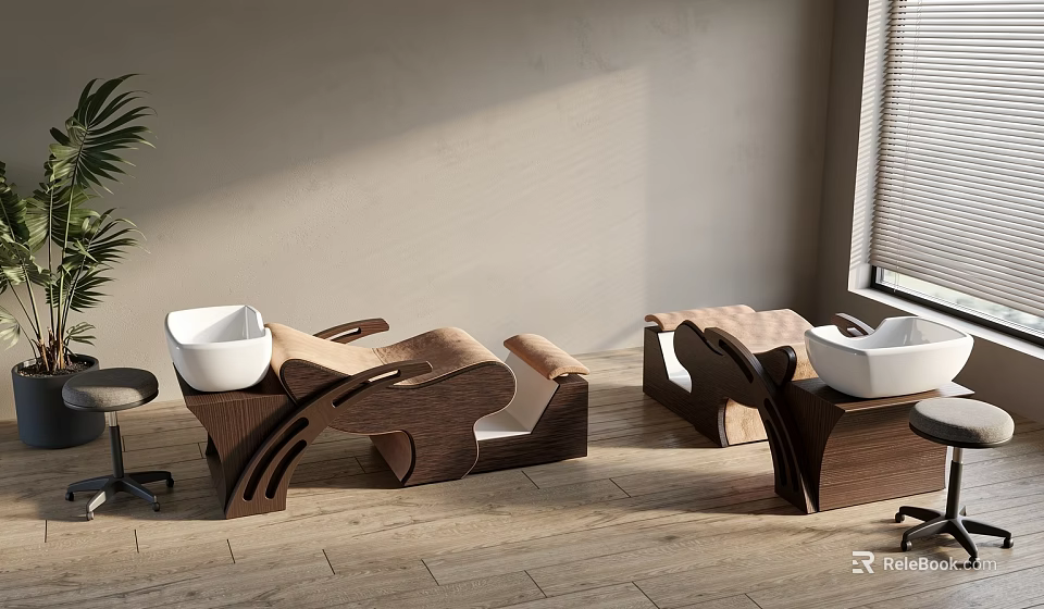Modern Beauty Salon Interior With Wooden Styling Chairs And Shampoo Bowls 3d model 