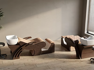 Modern Beauty Salon Interior With Wooden Styling Chairs And Shampoo Bowls 3d model