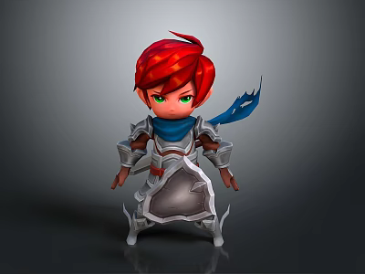 Cute 3D Cartoon Character With Red Hair Green Eyes Blue Scarf Silver Armor And Shield 3d model