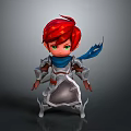 Cute 3D Cartoon Character With Red Hair Green Eyes Blue Scarf Silver Armor And Shield