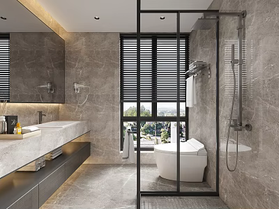 Modern Bathroom Interior With Gray Marble Walls Glass Shower Enclosure And White Toilet 3d model