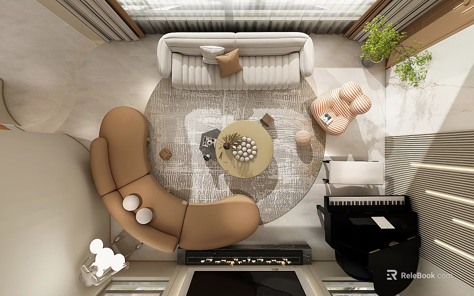Modern Living Room With Brown White Sofas Round Coffee Table Rug And Plants 3d model 