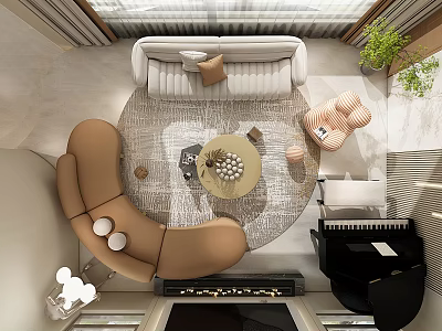 Modern Living Room With Brown White Sofas Round Coffee Table Rug And Plants 3d model