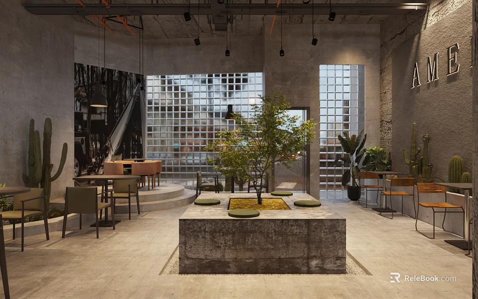 Industrial Style Café Interior With Large Windows Green Plants Concrete Elements And Wooden Tables 3d model 