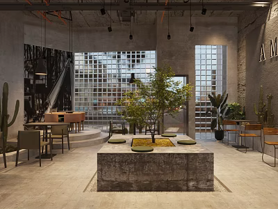Industrial Style Café Interior With Large Windows Green Plants Concrete Elements And Wooden Tables 3d model