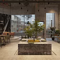 Industrial Style Café Interior With Large Windows Green Plants Concrete Elements And Wooden Tables