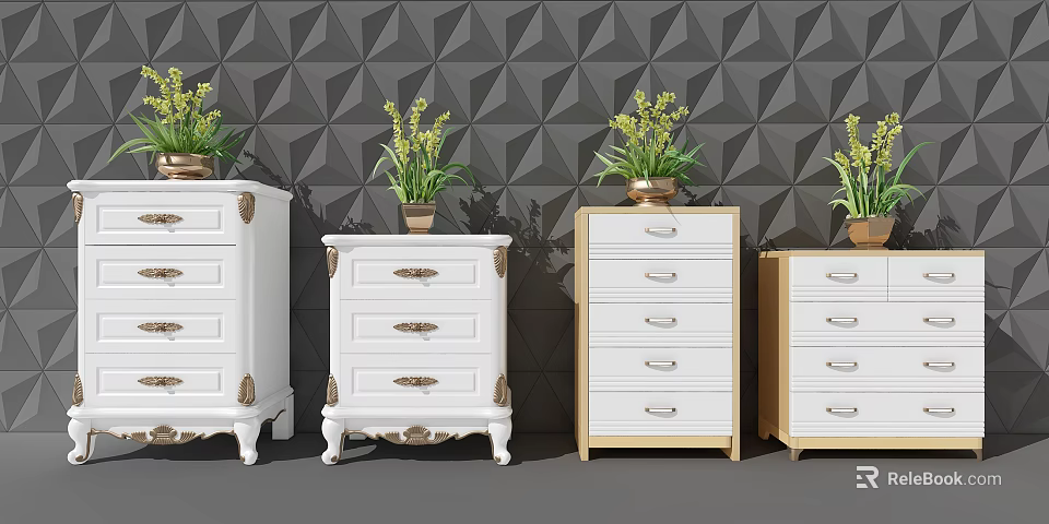 Various Designed White and Light Wood Dressers With Potted Plants on Geometric Patterned Dark Wall 3d model 