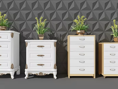 Various Designed White and Light Wood Dressers With Potted Plants on Geometric Patterned Dark Wall 3d model