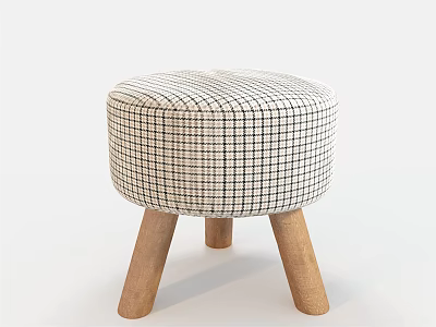 Round Ottoman Stool With Checkered Fabric Upholstery And Wooden Legs 3d model