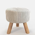 Round Ottoman Stool With Checkered Fabric Upholstery And Wooden Legs