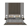 Double Bed with Wooden Panel Headboard Diamond Pattern Wall Striped Bedspread Pillows Nightstands Table Lamps 3d model