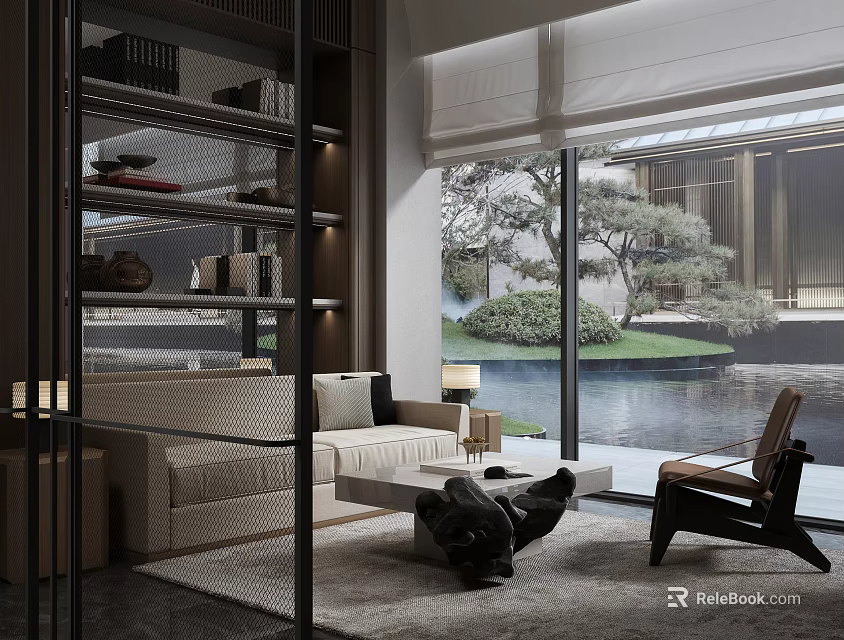 Modern Hotel Public Lounge Area With Comfortable Sofa Armchair Coffee Table Bookshelf And Garden View 3d model 