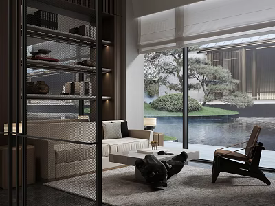 Modern Hotel Public Lounge Area With Comfortable Sofa Armchair Coffee Table Bookshelf And Garden View 3d model