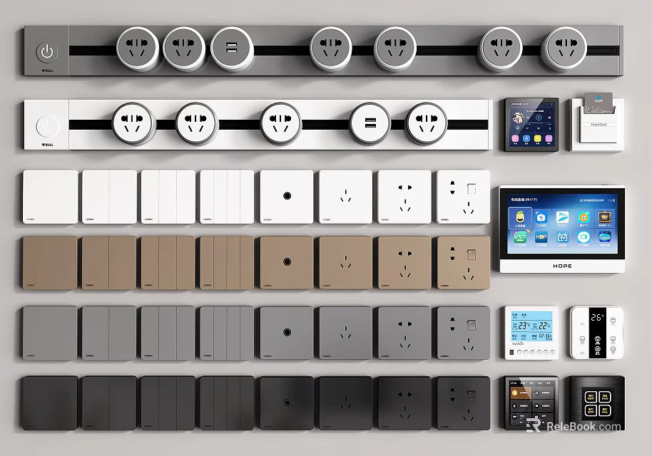 Modern Switch Panels In Various Colors Featuring Socket Outlets And Smart Controls 3d model
