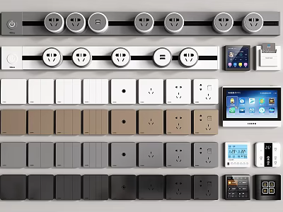 Modern Switch Panels In Various Colors Featuring Socket Outlets And Smart Controls 3d model