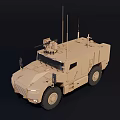 Beige All-Terrain Military Armored Vehicle with Antennas and Roof-Mounted Weapon System