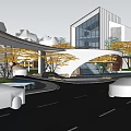 Modern Building Facade Design With Glass Curtain Walls Lush Greenery And Landscaped Pathways