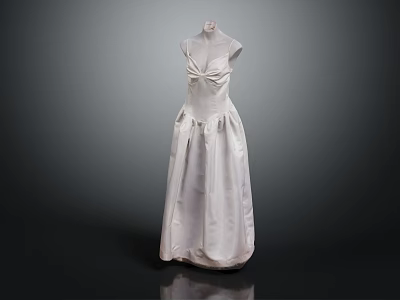White Sleeveless Long Dress with Pleated Design Displayed on Mannequin Against Dark Background 3d model