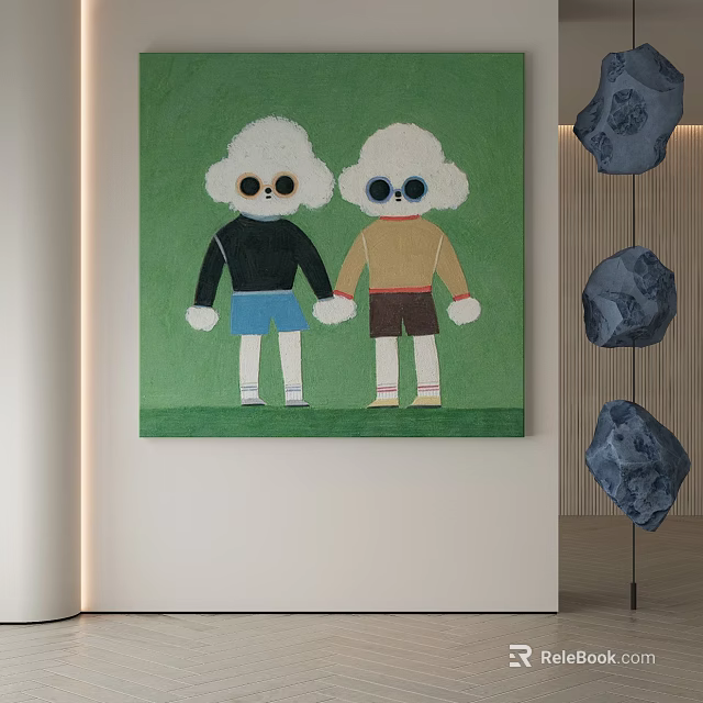 Abstract Painting Two Cartoon Figures With White Hair Sunglasses Holding Hands On Green Background 3d model 