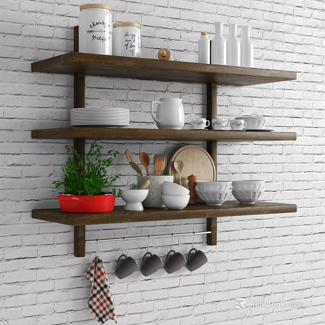 Wooden Wall Mounted Shelves With Plates Teapot Mugs And Green Plant On White Brick Wall 3d model 