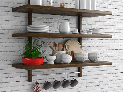 Wooden Wall Mounted Shelves With Plates Teapot Mugs And Green Plant On White Brick Wall 3d model
