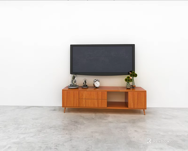 Minimalist Wooden TV Stand With TV Small Sculpture Clock And Green Plant 3d model 