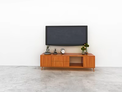 Minimalist Wooden TV Stand With TV Small Sculpture Clock And Green Plant 3d model