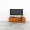 Minimalist Wooden TV Stand With TV Small Sculpture Clock And Green Plant