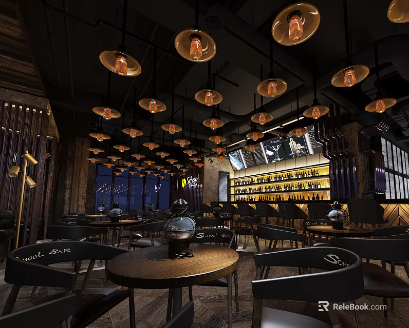 Modern Bar Interior With Vintage Pendant Lights Round Wooden Tables And Wine Racks 3d model 