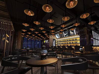 Modern Bar Interior With Vintage Pendant Lights Round Wooden Tables And Wine Racks 3d model