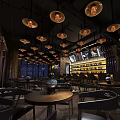 Modern Bar Interior With Vintage Pendant Lights Round Wooden Tables And Wine Racks