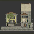 Modern Scene 3D Model of Small Buildings with Red Tile Roofs Yellow Walls Courtyard Tree and Tables Chairs