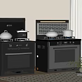 Modern Black Kitchen Appliances With Gas Stove Oven Range Hood And Pots In Interior